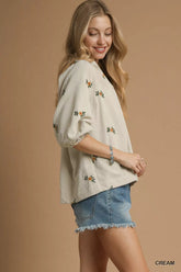 Umgee Corduroy Floral Embroidered Puff Sleeve Blouse OutfitFlow